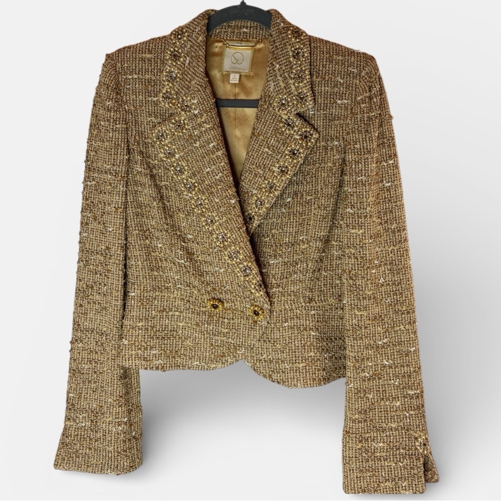 St. John Couture jacket beige gold metallic tweed knit jeweled beaded EUC 4